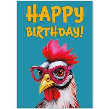 Load image into Gallery viewer, Front of a funny chicken birthday card with "Happy Birthday!" text and a playful chicken in pink glasses.