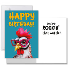 Load image into Gallery viewer, Front and inside view of a humorous birthday card featuring a chicken with glasses, showcasing the vibrant design and witty inside message.