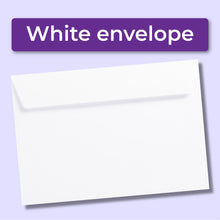 Load image into Gallery viewer, White envelope on a light purple background with a purple label reading 'White envelope'.