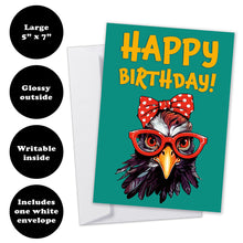 Load image into Gallery viewer, Funny chicken-themed birthday card showcasing its 5"x7" size, glossy front, writable inside surface and comes with a white envelope.
