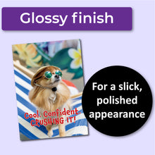 Load image into Gallery viewer, Congratulations greeting card with a chihuahua dog wearing sunglasses. A purple banner at the top that says, "Glossy finish" and a black circle with text that says, "For a slick, polished appearance." 

